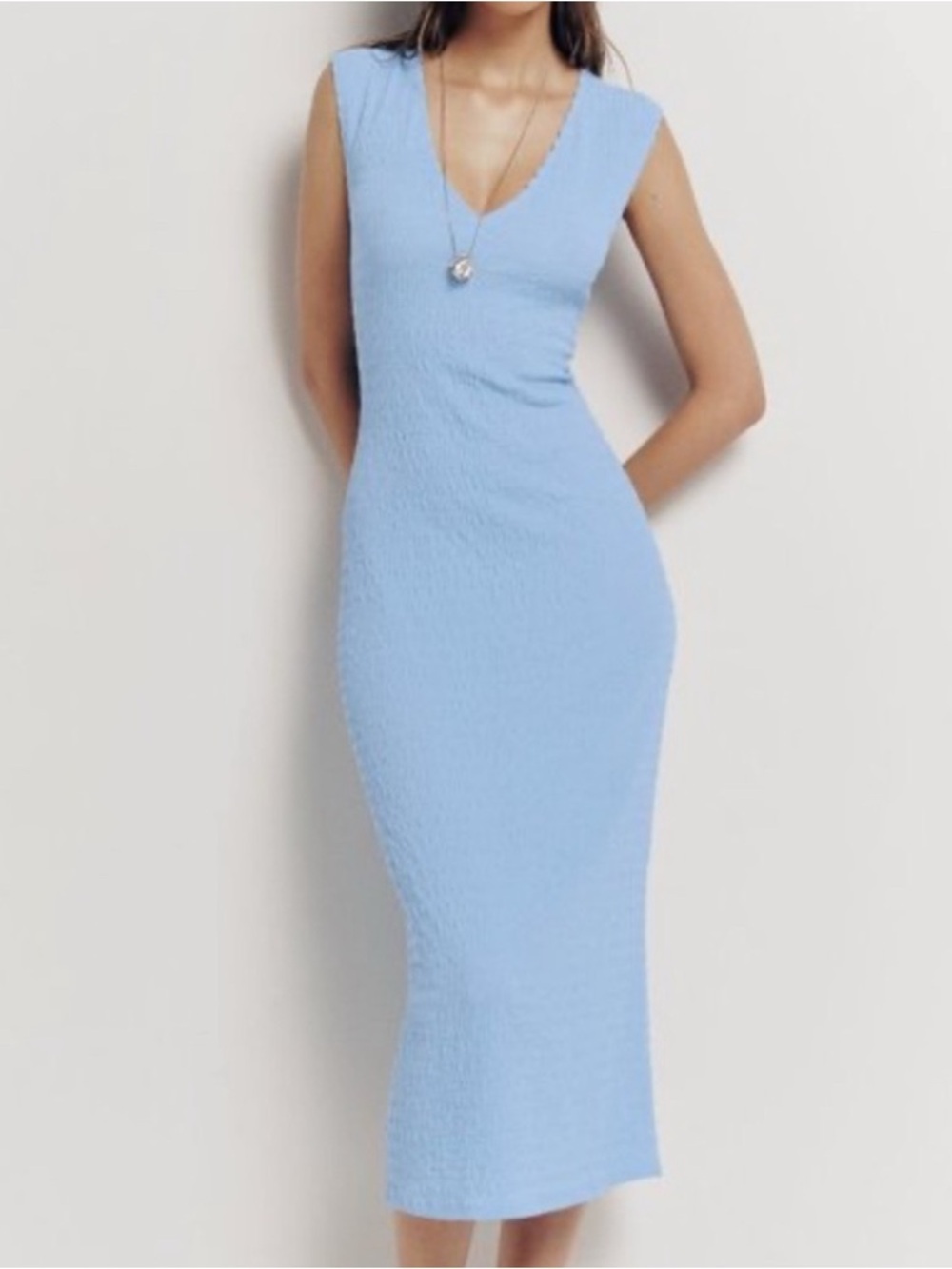 Reformation Light Blue Palm Knit Midi Dress Size M